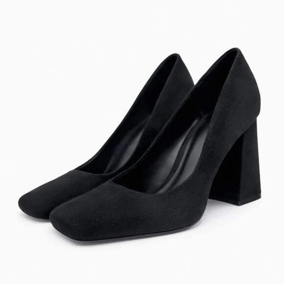 NWT ZARA Black Suede Block Heels - Picture 1 of 9